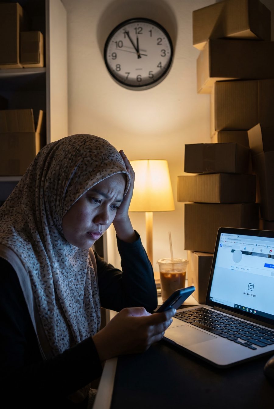 Usahawan penat lewat malam, page media sosial kosong